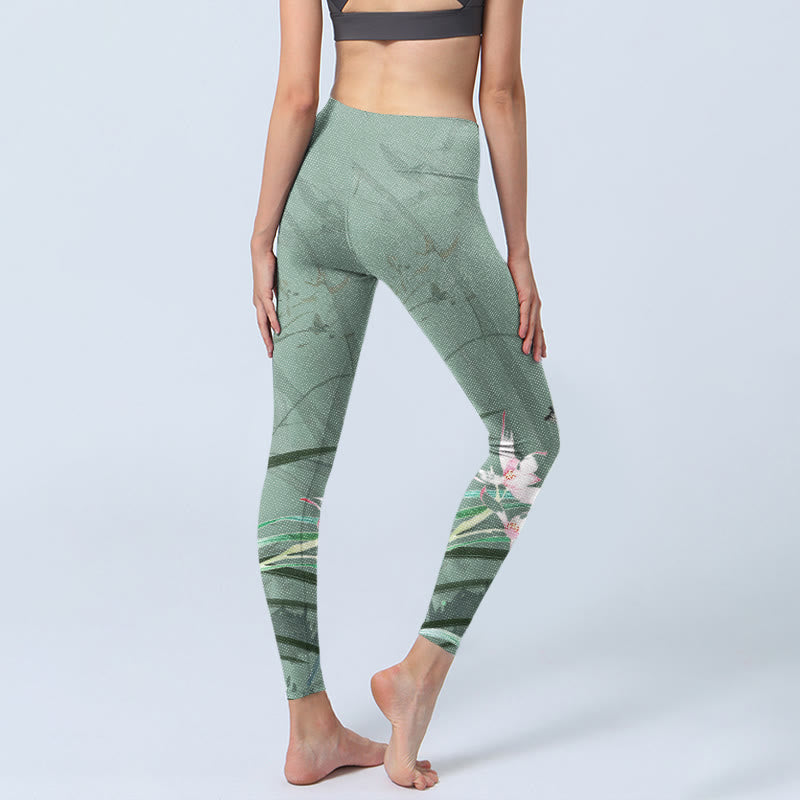 White Pink Orchids Leaves Print Gym Leggings Women's Yoga Pants