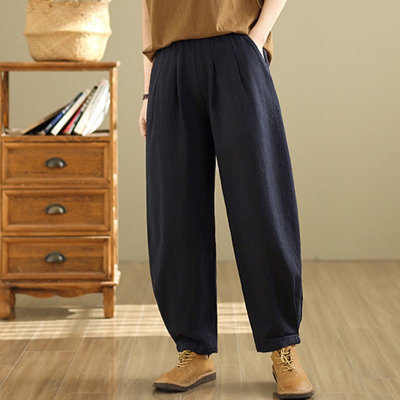 Casual Solid Color Tapered Elastic Waistband Cotton Linen Women's Pants With Pockets
