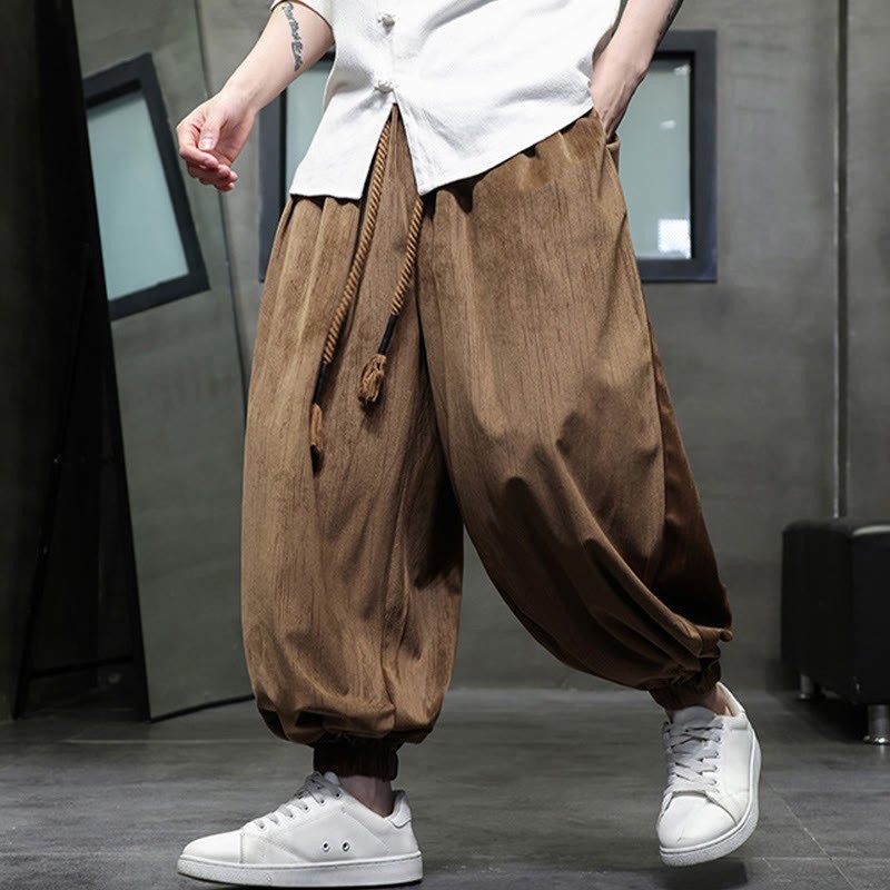 Solid Color Corduroy Drawstring Thermal Men's Harem Pants With Pockets