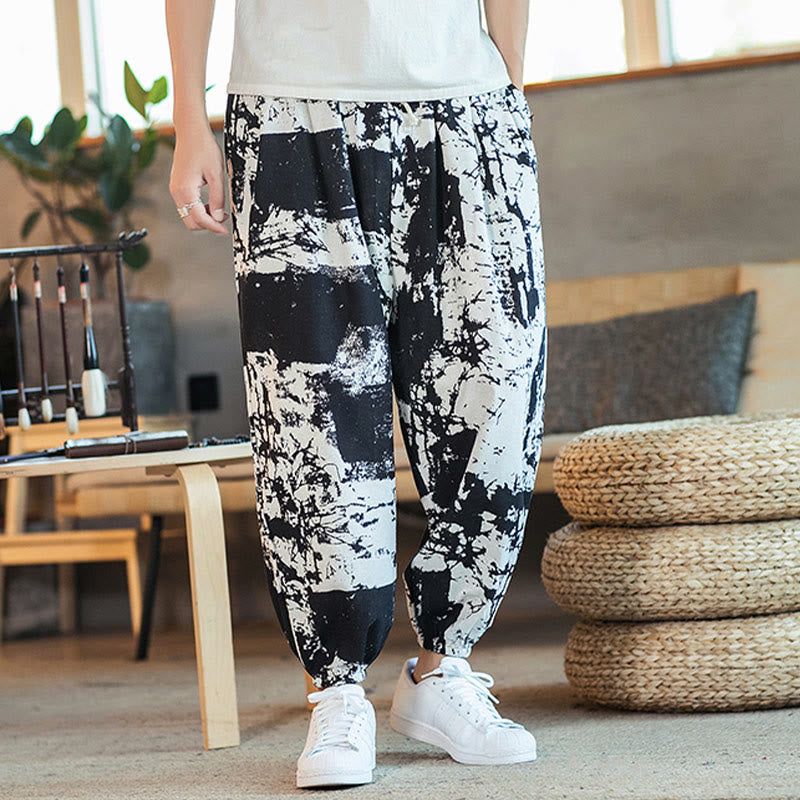 Black White Ink Design Cotton Linen Drawstring Men's Harem Pants With Pockets