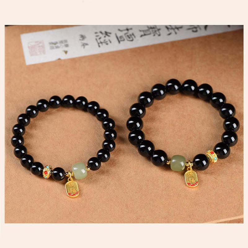 Black Onyx Hetian Jade Bead Lucky Fortune Charm Bracelet