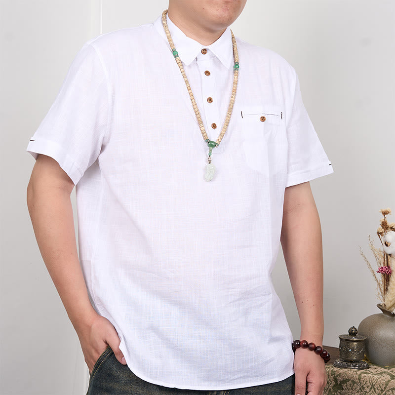 Men's Solid Color Button Short Sleeve Cotton?Linen Polo Shirt