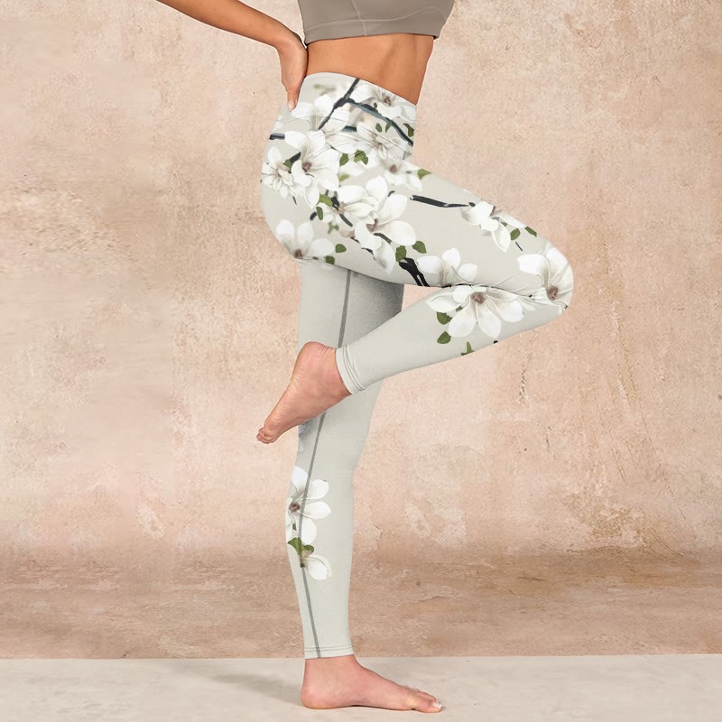 White Magnolia Flower Print Sports Fitness Leggings Women's Yoga Pants