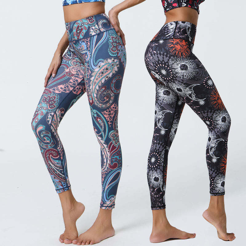 Flowers Feathers Sun Moon Print Sports Fitness Yoga High Waist Leggings Women's Pants