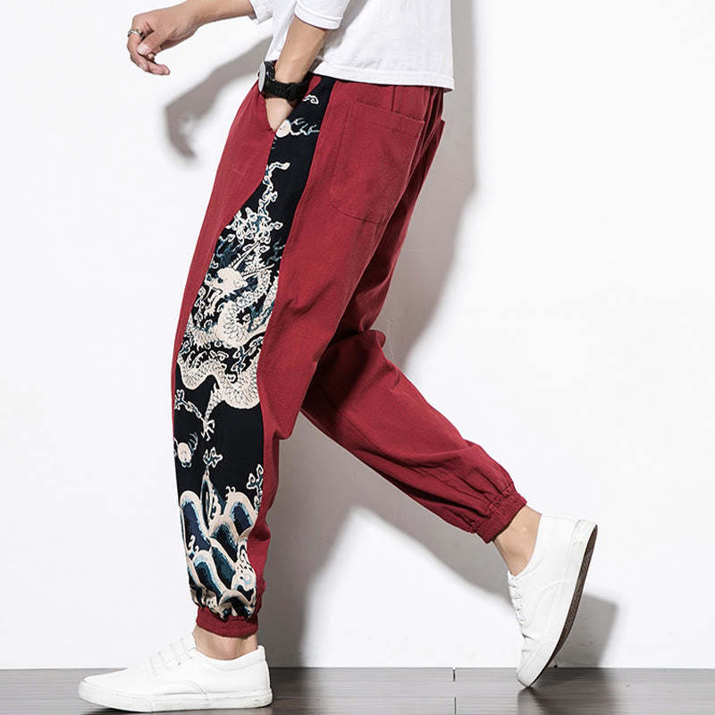 Summer Dragon Waves Cotton Men's Pants With Pockets