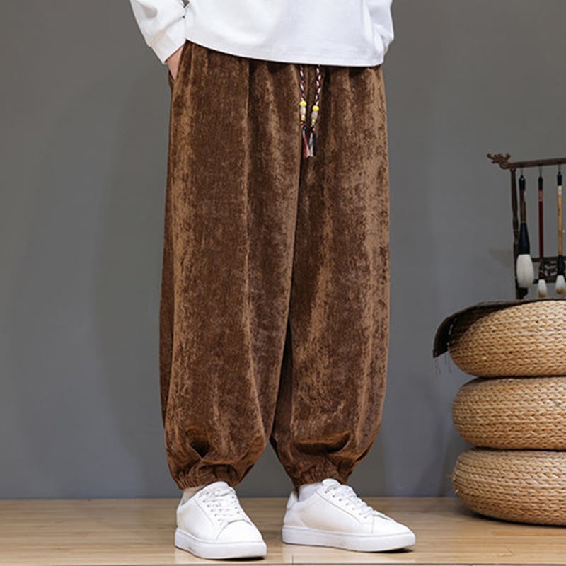 Fall Winter Men's Drawstring Chenille Harem Pants With Pockets