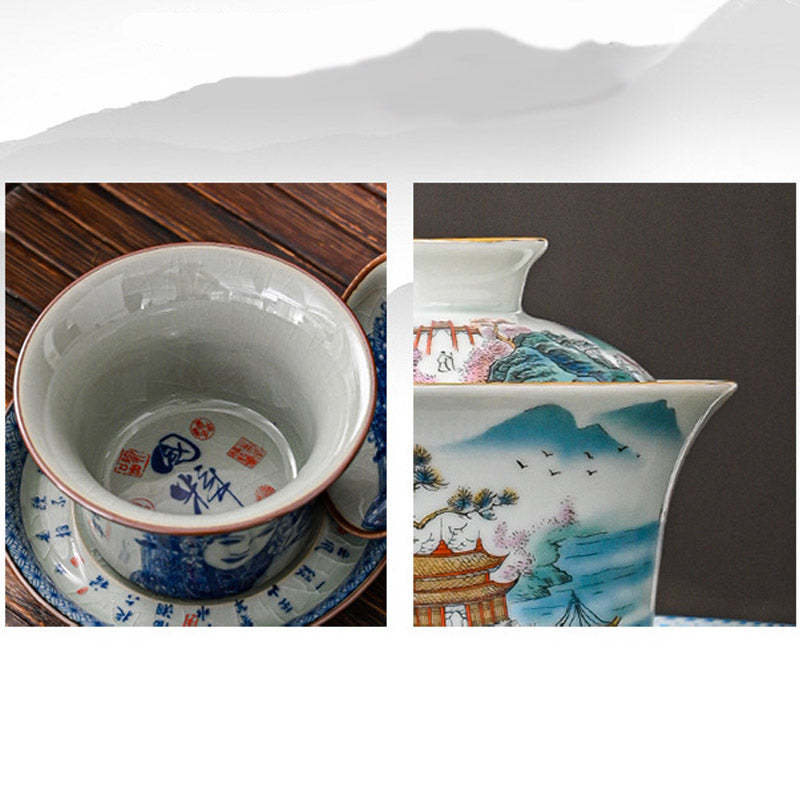 Jingdezhen Dragon Phoenix Pavilion Pine Flower Ceramic Gaiwan Sancai Teacup Kung Fu Tea Cup And Saucer With Lid 170ml