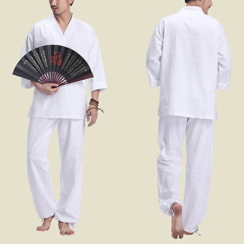 Meditation Prayer V-neck Design Cotton Linen Spiritual Zen Practice Yoga Clothing Men's Set