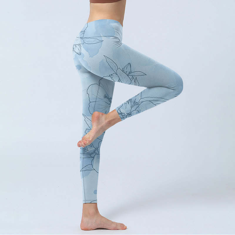 Blue Flower Sketch Print Sports Leggings Women's Yoga Pants