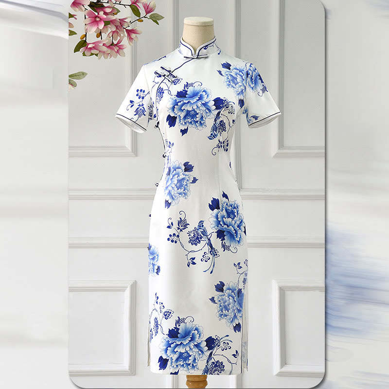 Blue And White Porcelain Color Peony Flower Pattern Cheongsam Dress Women's Qipao Dress