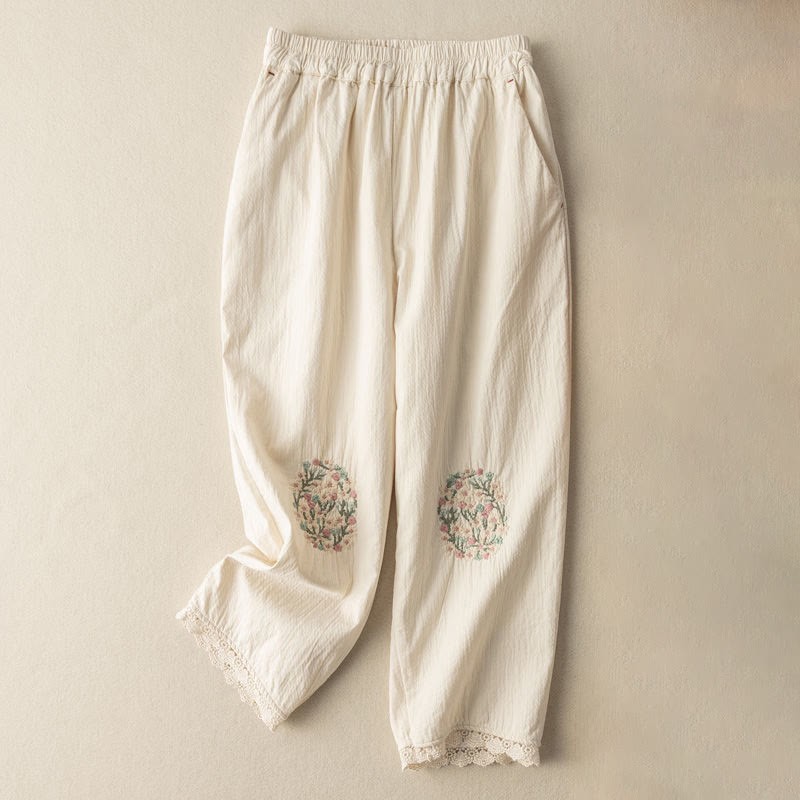 Casual Lace Trim Embroidered Cotton Harem Pants With Pockets