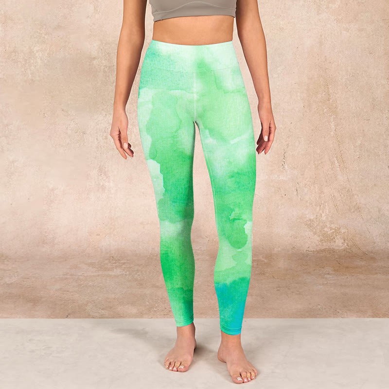 Green Ink Wash Pattern Gym Leggings Women's Yoga Pants