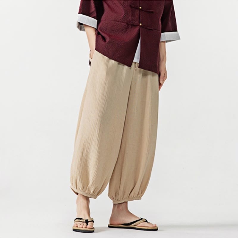 Soft Solid Color Drawstring Cotton Men's Pants With Pockets
