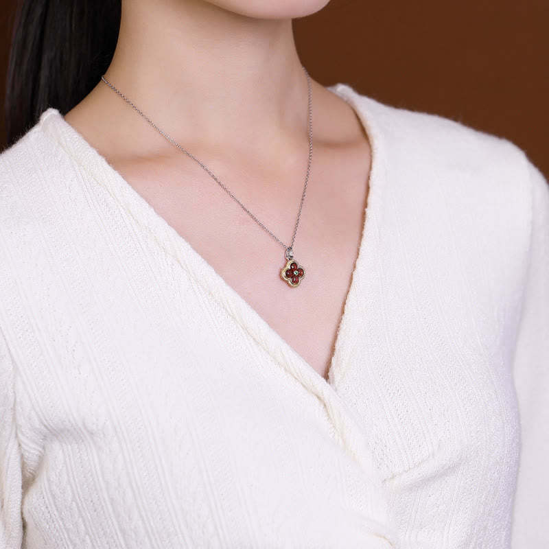 925 Sterling Silver Natural Garnet Four-leaf Clover Protection Necklace Pendant Ring
