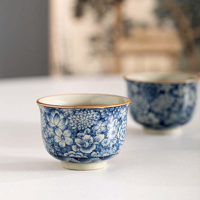Vintage Lotus Peony Plum Blossom Chrysanthemum Ceramic Teacup Tea Cups