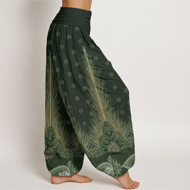Feather Pattern Design Women's Elastic Waist Harem Pants