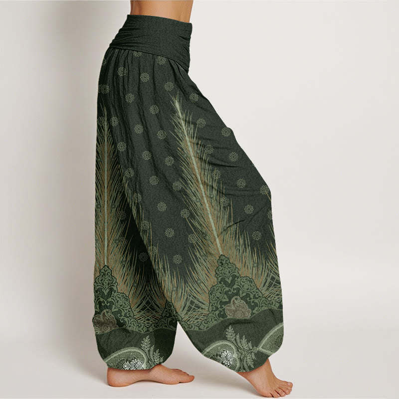 Feather Pattern Design Women's Elastic Waist Harem Pants