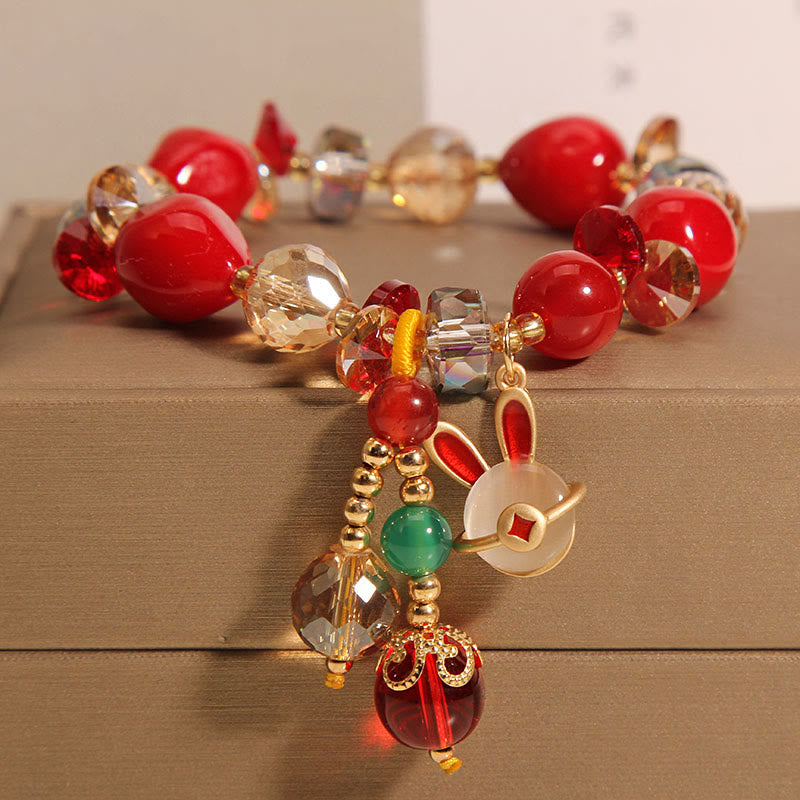 Red Stone Lucky Cat Rabbit Fu Character Fortune Bracelet