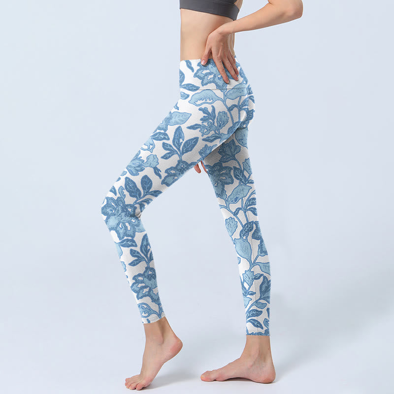 Pale Blue Flowers Leaves Print Sports Fitness Leggings Women's Yoga Pants