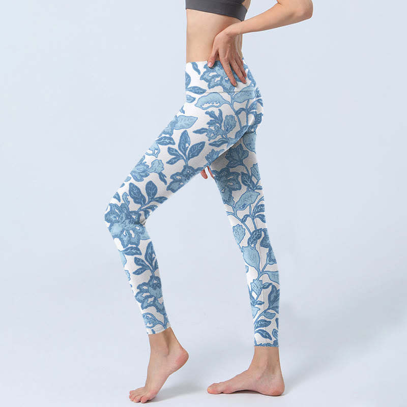 Pale Blue Flowers Leaves Print Sports Fitness Leggings Women's Yoga Pants