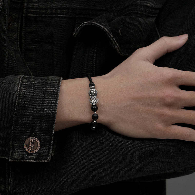 999 Sterling Silver FengShui PiXiu Natural Black Obsidian 925 Sterling Silver Bead Strength Bracelet