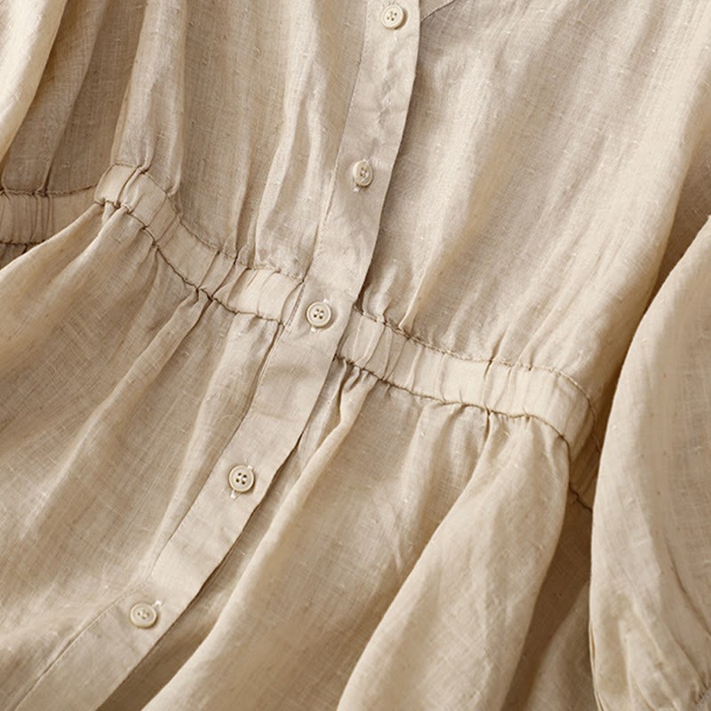 Spring Plain Button Half Puff Sleeve Waisted V-Neck Cotton Linen Women's Shirt