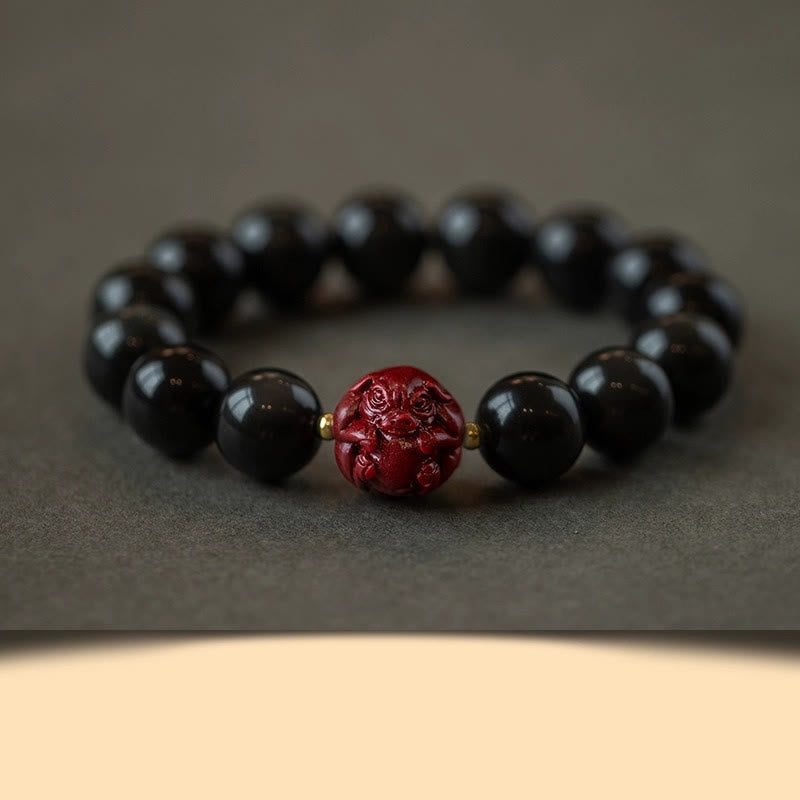 Chinese Zodiac Natural Black Obsidian Cinnabar Purification Bracelet