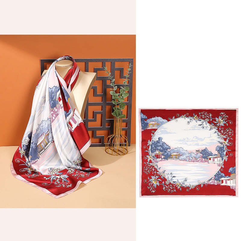 Pastoral Scene Hot Air Balloon Spring Blossom 100% Mulberry Silk Neck Hair Scarf