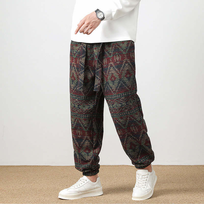 Ethnic Jacquard Knitting Drawstring Men's Pants With Pockets