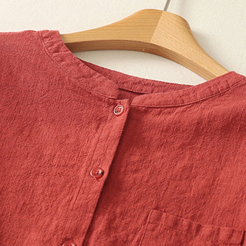 Casual Women's Loose Standing Collar Long Sleeve Design Plain Cotton Linen Shirt