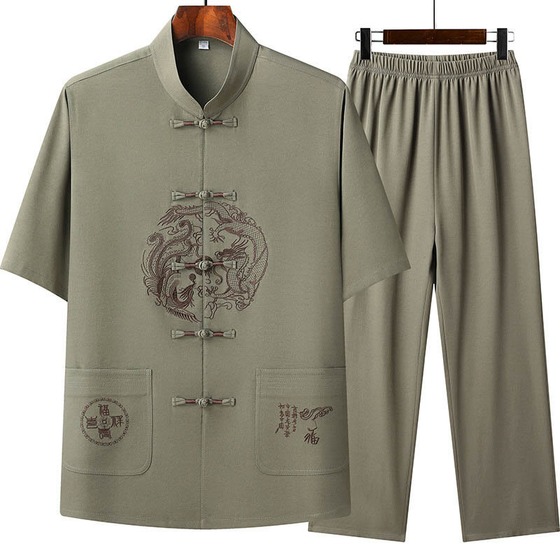 Dragon Fu Character Tang Suit Traditional Short Sleeve Shirt Wide Leg Pants Clothing Men's Set