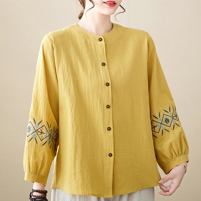 Geometry Embroidery Long Sleeve Button Cotton Linen Women's Shirts