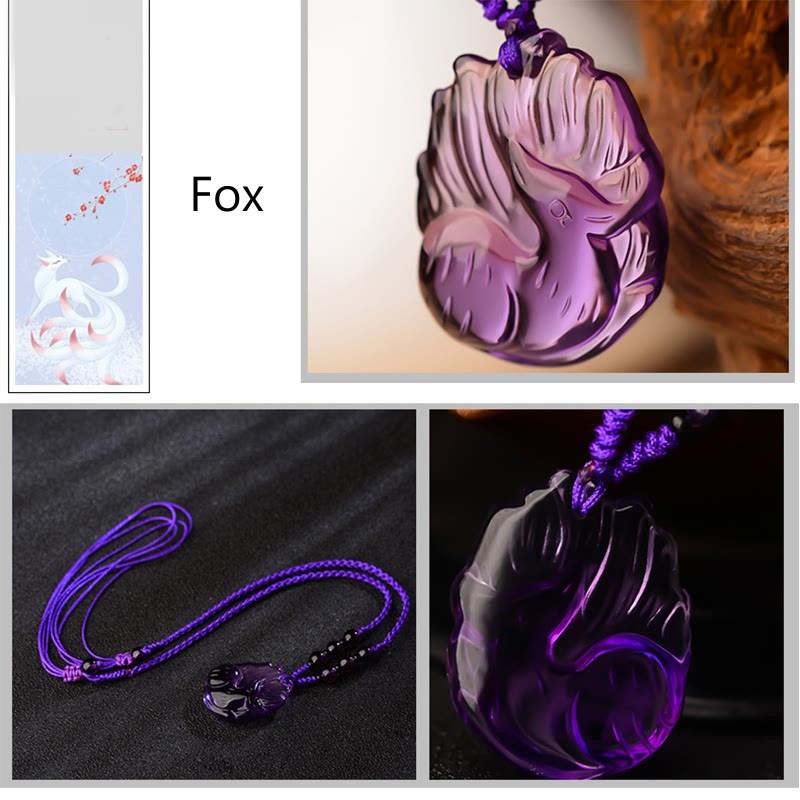 Natural Amethyst White Crystal Citrine Nine Tailed Fox Luck Necklace Pendant