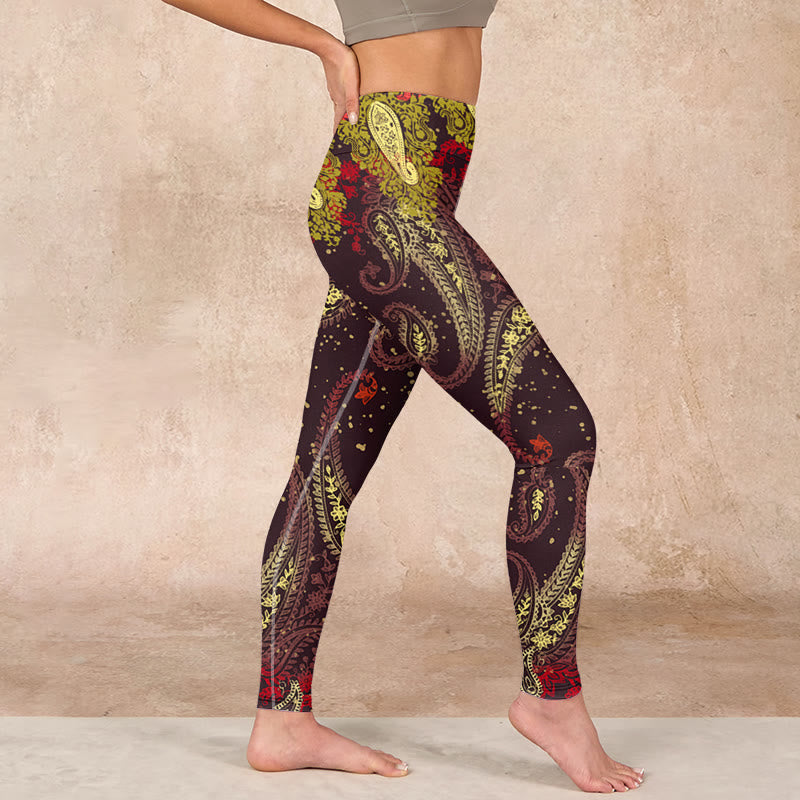 Reddish-brown Cashew Flower Vines Print Gym Leggings Women's Yoga Pants