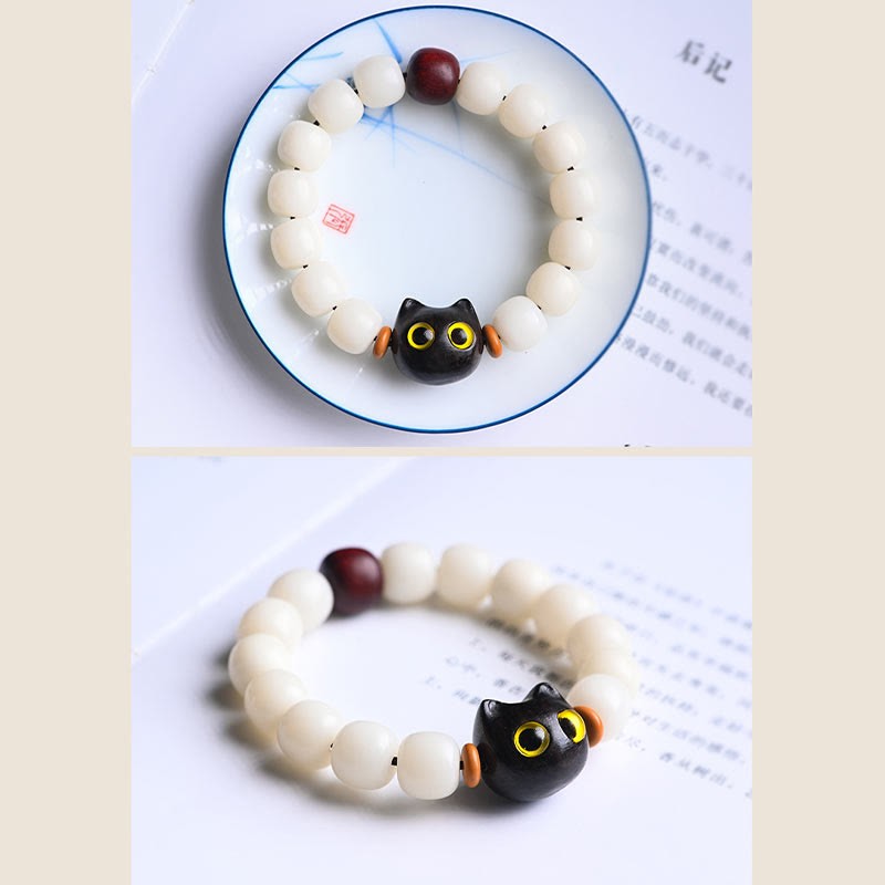 Natural Bodhi Seed Small Leaf Red Sandalwood Ebony Wood Cute Lucky Cat Wisdom Bracelet