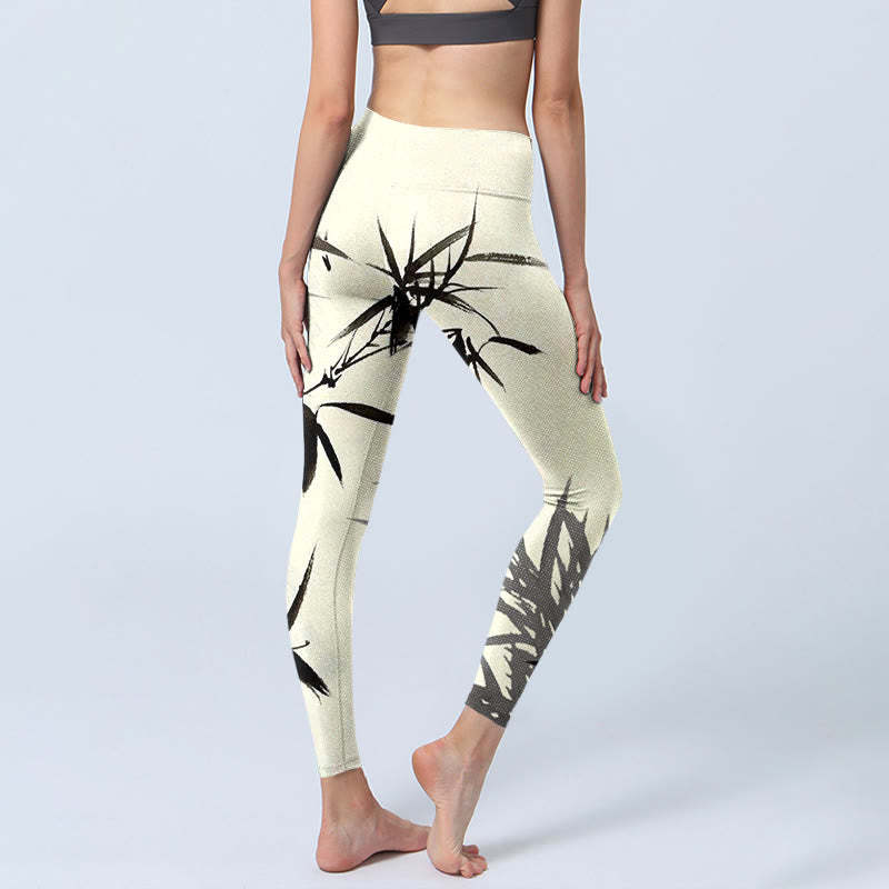 Ink Painting Bamboo Leaves Print Sports Leggings Women's Yoga Pants
