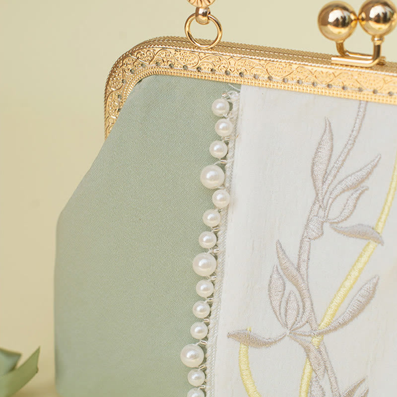 Double-sided Flowers Embroidery Pearl Pendant Metal Chain Crossbody Bag Handbags