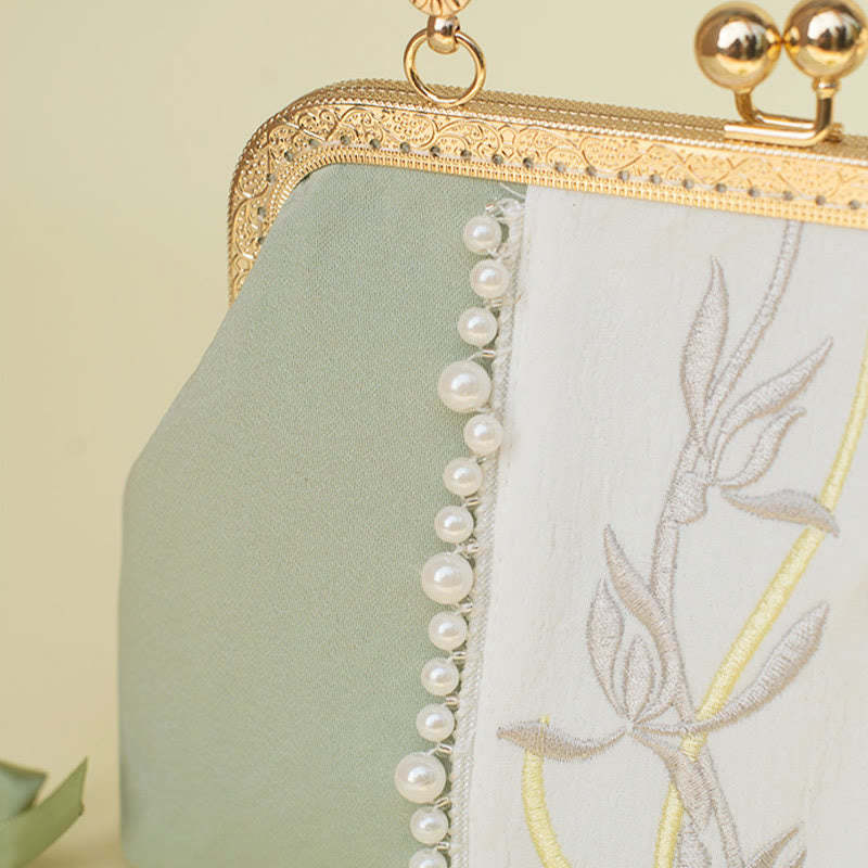 Double-sided Flowers Embroidery Pearl Pendant Metal Chain Crossbody Bag Handbags