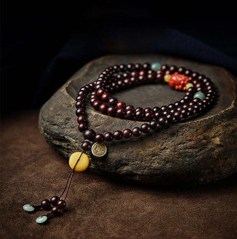 Chinese Zodiac Natal mystic zen 108 Mala Beads Small Leaf Red Sandalwood Red Agate PiXiu Protection Bracelet