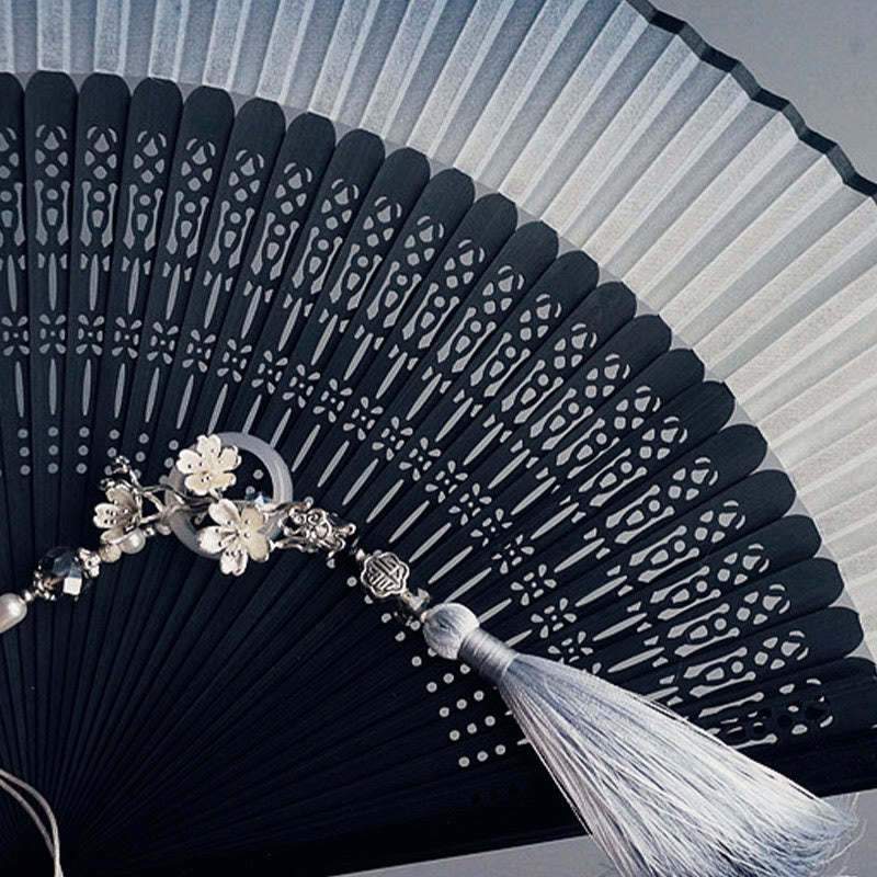 Ink Gradient Hollow Rib Plum Bossom Tassel Silk Handheld Bamboo Folding Fan