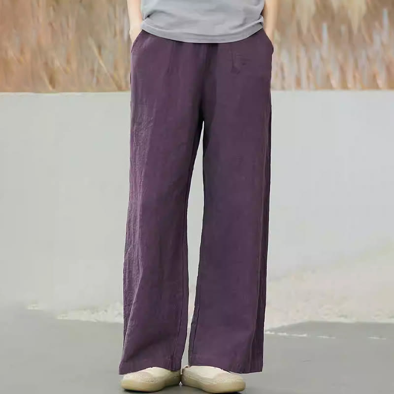 Casual Plain Loose Straight Leg Women's Ramie Cotton Wide Leg Pants With Pockets