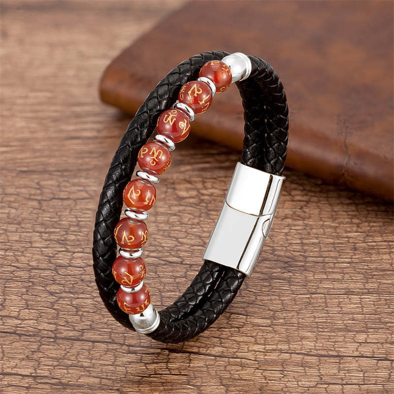Black Onyx Turquoise Tiger Eye Red Agate Om Mani Padme Hum Strength Leather Bracelet