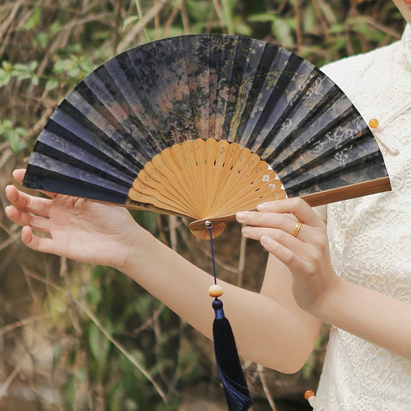 Flower Persimmon Bamboo Leaves Xiangyunsha Silk Handheld Bamboo Folding Fan