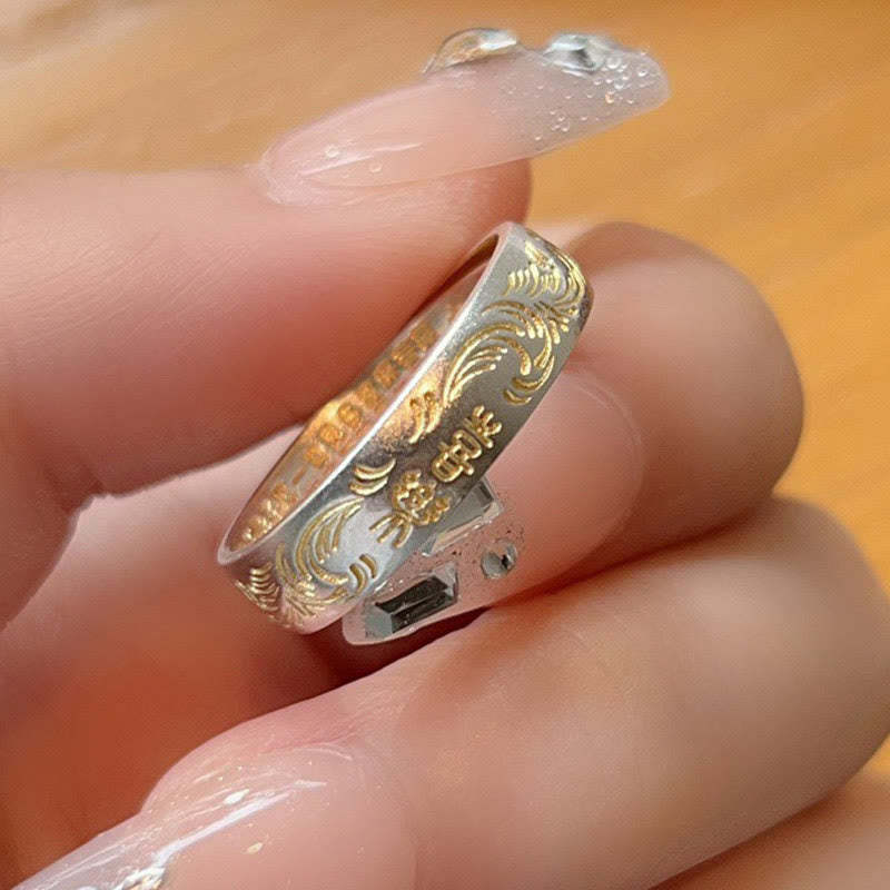mystic zen Stone 999 Sterling Silver Gold-Painted Joyful Flower Pattern Peaceful Heart Sutra Ring