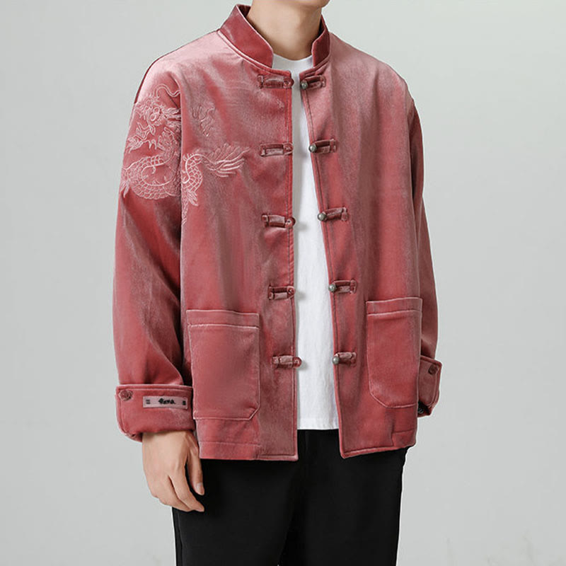 Embroider Dragon Casual Frog-button Cotton Men's Jacket Shirt Clothing