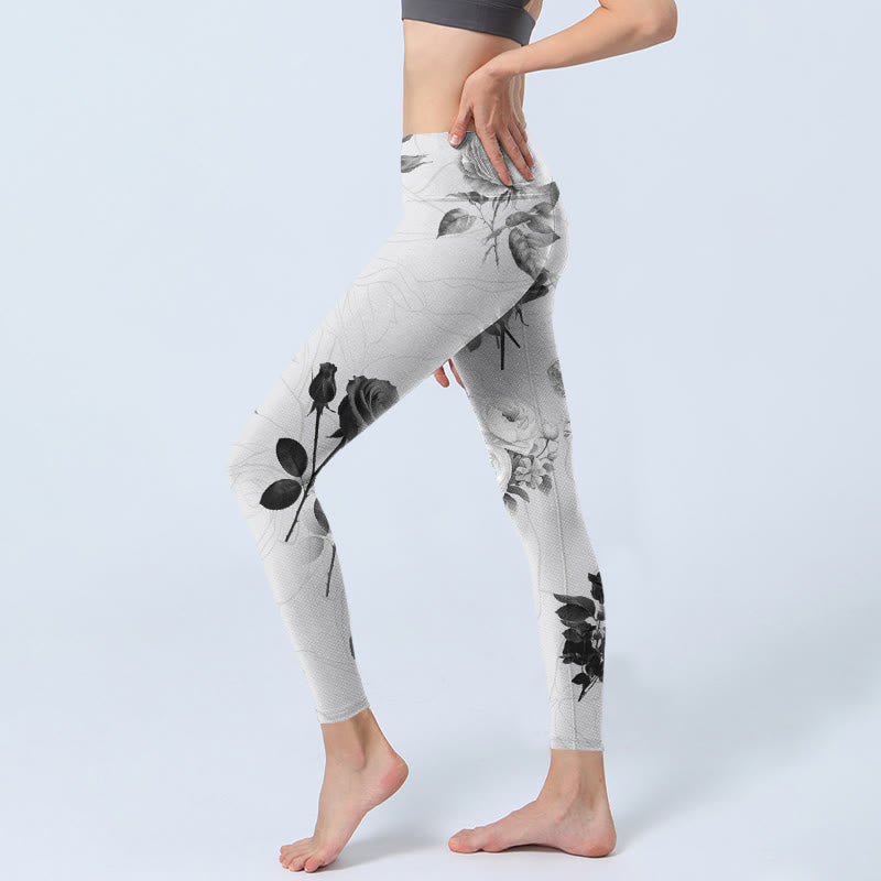Black White Rose Gym Leggings Women's Yoga Pants