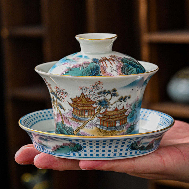 Jingdezhen Dragon Phoenix Pavilion Pine Flower Ceramic Gaiwan Sancai Teacup Kung Fu Tea Cup And Saucer With Lid 170ml