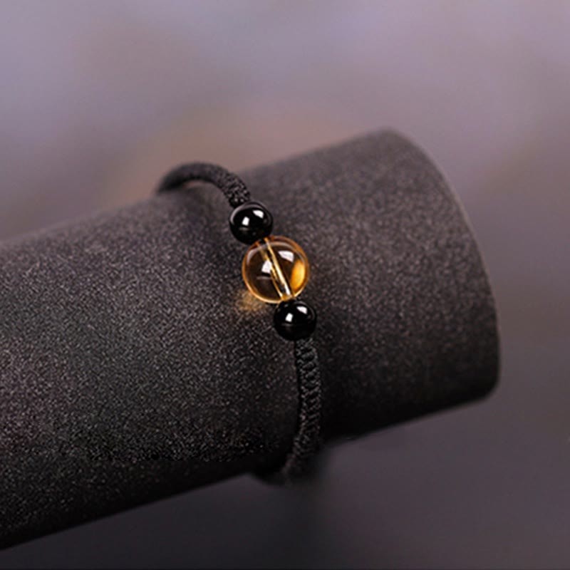 Handcrafted Citrine Black Obsidian Bead King Kong Knot Peace Knot Luck Rope Bracelet