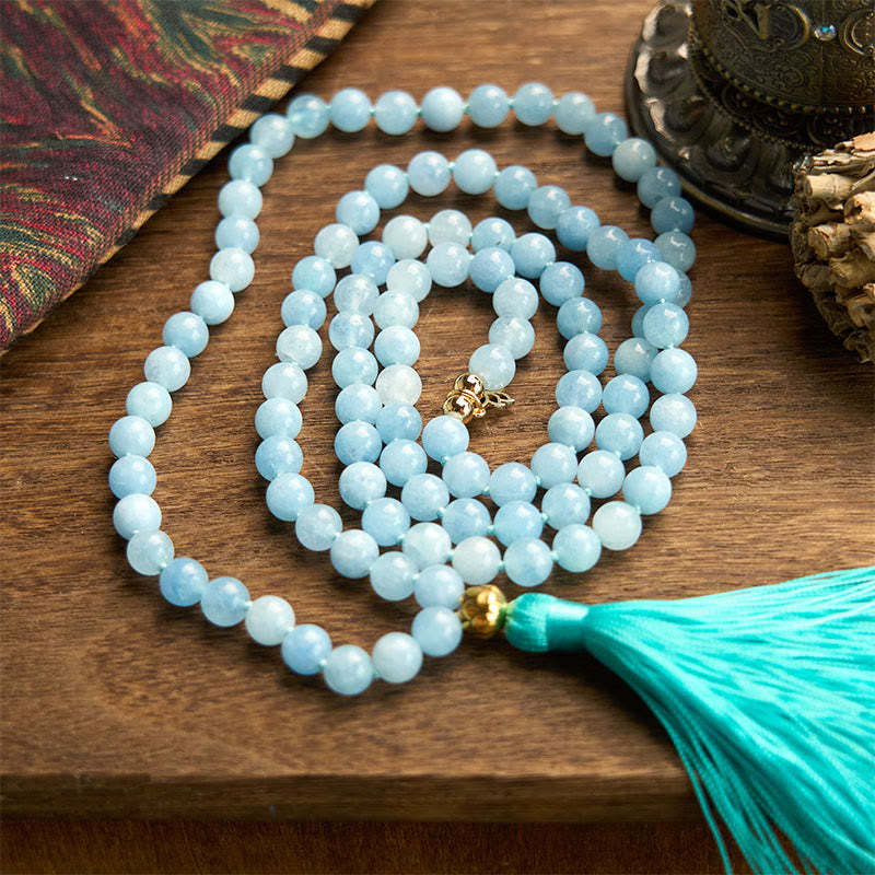 108 Mala Beads Natural Stone Aquamarine Tassel Lotus Healing Bracelet