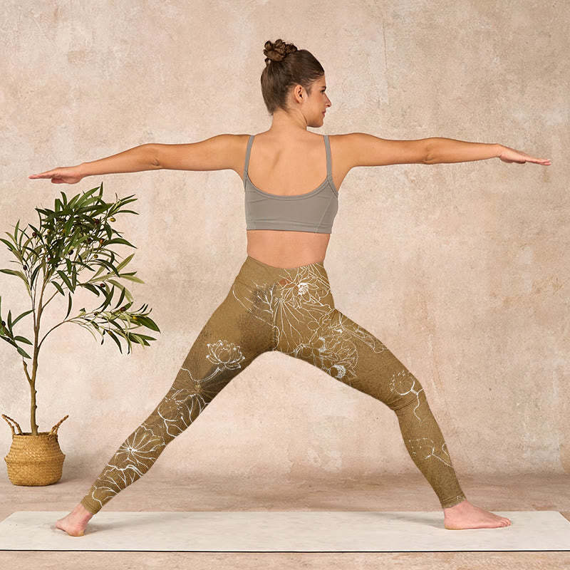 Goldenrod Lotus Flowers Leaves Print Gym Fitness Leggings Women's Yoga Pants
